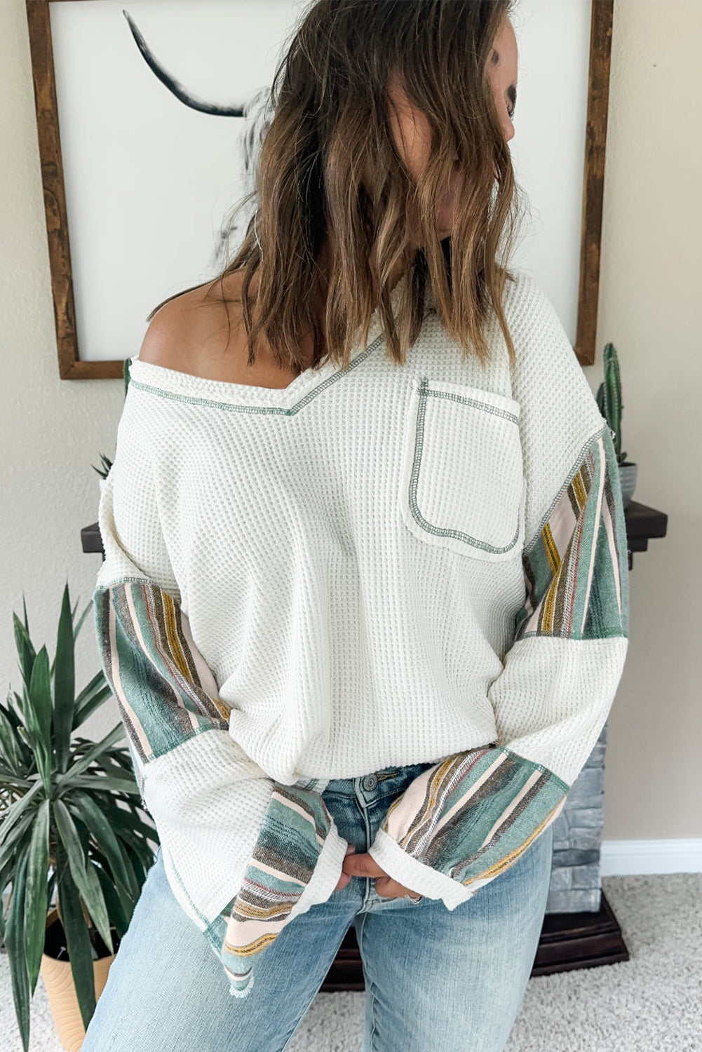 White Striped Patchwork Exposed Seam Waffle Knit Top