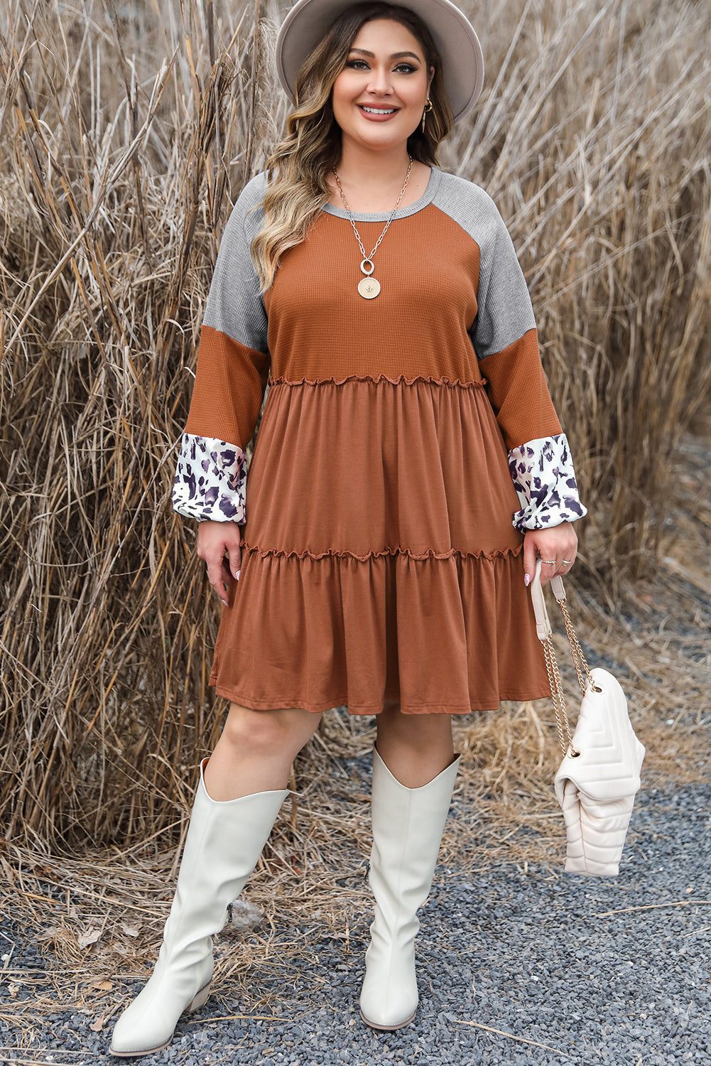 Gold Flame Plus Size Waffle Leopard Long Sleeve Ruffle Mini Dress