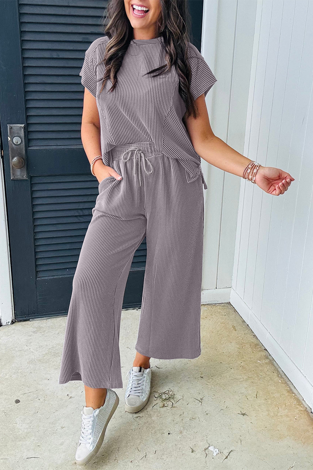 Wild Wind Solid Corded Knit Short Sleeve T Shirt and Wide Leg Pants Set