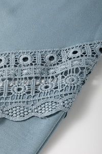 Dusk Blue Lace Crochet Patched Lace-up High Waist Wide Leg Pants