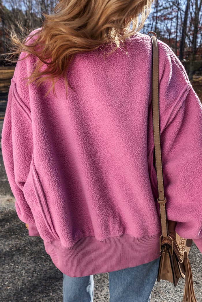 Bright Pink Sherpa Seamed Drop Shoulder Oversized Sweatshirt