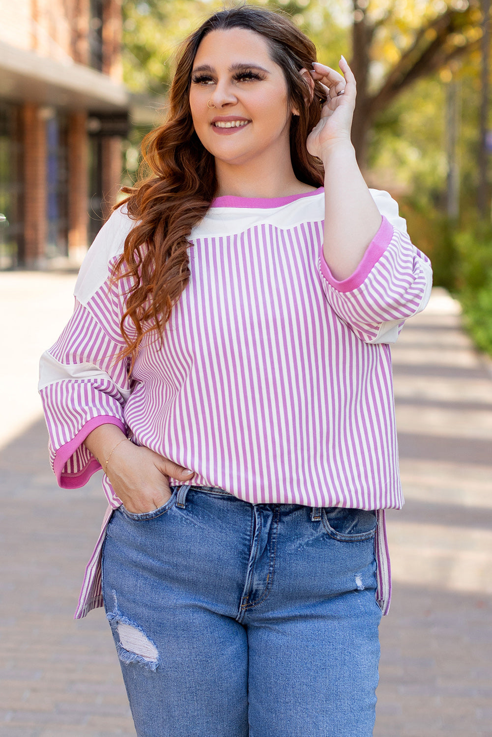 Pink Stripe Patchwork Bracelet Sleeve Plus Size T Shirt