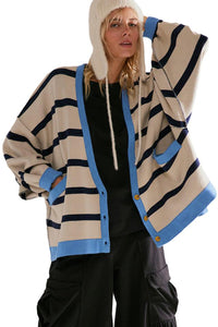 White Colorblock Drop Shoulder Buttoned Loose Cardigan