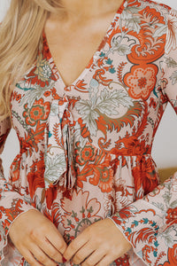 Orange Floral Print Deep V Neck Knot Bell Sleeve Blouse