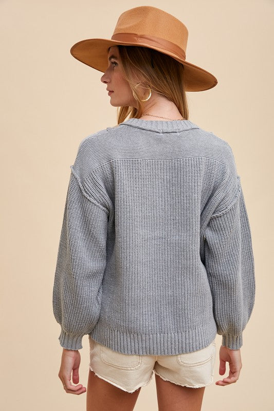 Annie Wear Half Button Ribbed Hem Sweater