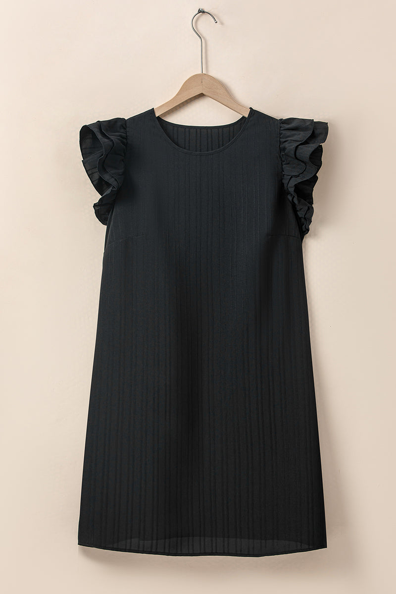 Black Ruffled Sleeve Rib Textured Plus Size Shift Dress