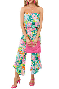 Red Mix Tropical Print Strapless Ruffled Jumpsuit