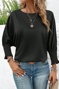 Black Shirred Dolman Sleeve Satin Blouse