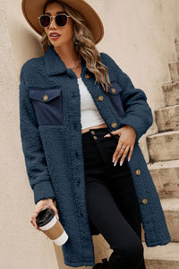 Blue Contrast Flap Pocket Single Breasted Teddy Coat