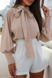 Pink Frilled Knotted Mock Neck Bishop Sleeve Blouse