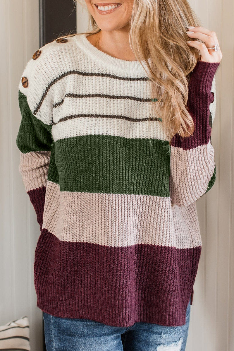 Green Color Block Striped Buttoned Shoulder Split Sweater