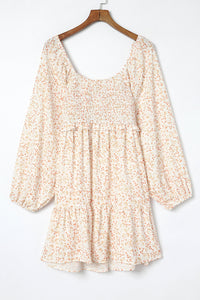 Apricot Boho Floral Smocked Puff Sleeve Mini Dress