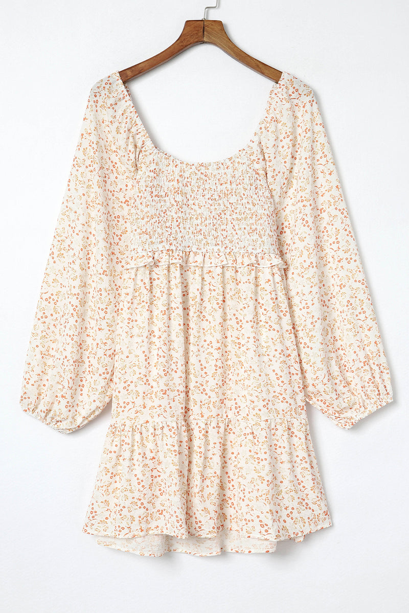 Apricot Boho Floral Smocked Puff Sleeve Mini Dress