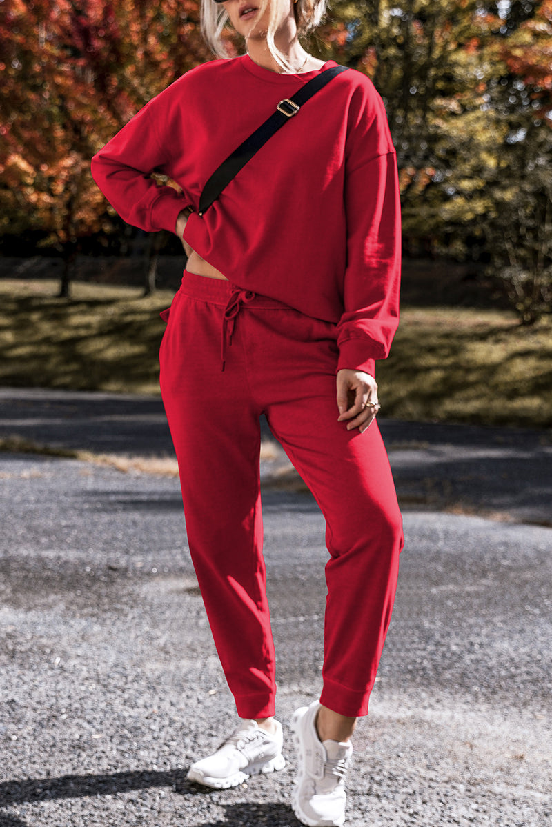 Racing Red Solid Color High Low Pullover and Skinny Pants Set