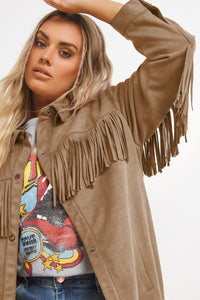 White Fringe Trim Plus Size Suede Shacket