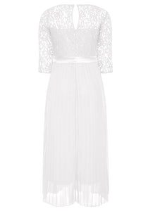 Lace Scalloped V Neck 3/4 Sleeves Pleated Tulle Plus Maxi Dress