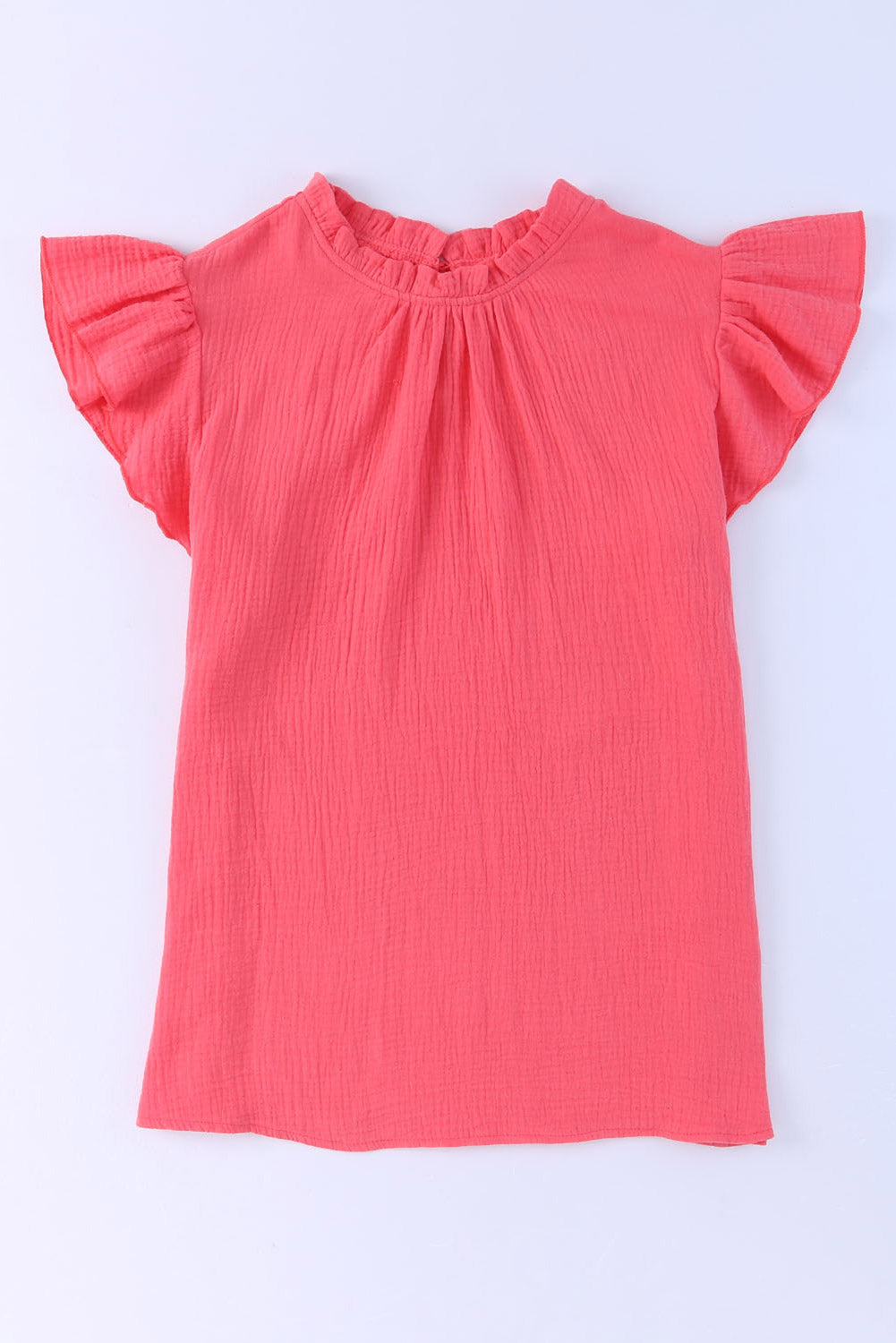 Pink Textured Flutter Sleeve Frilled Neck Plus Size Blouse