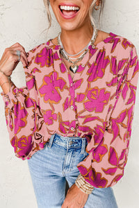 Pink Floral Print Batwing Sleeve Buttoned Loose Fit Shirt