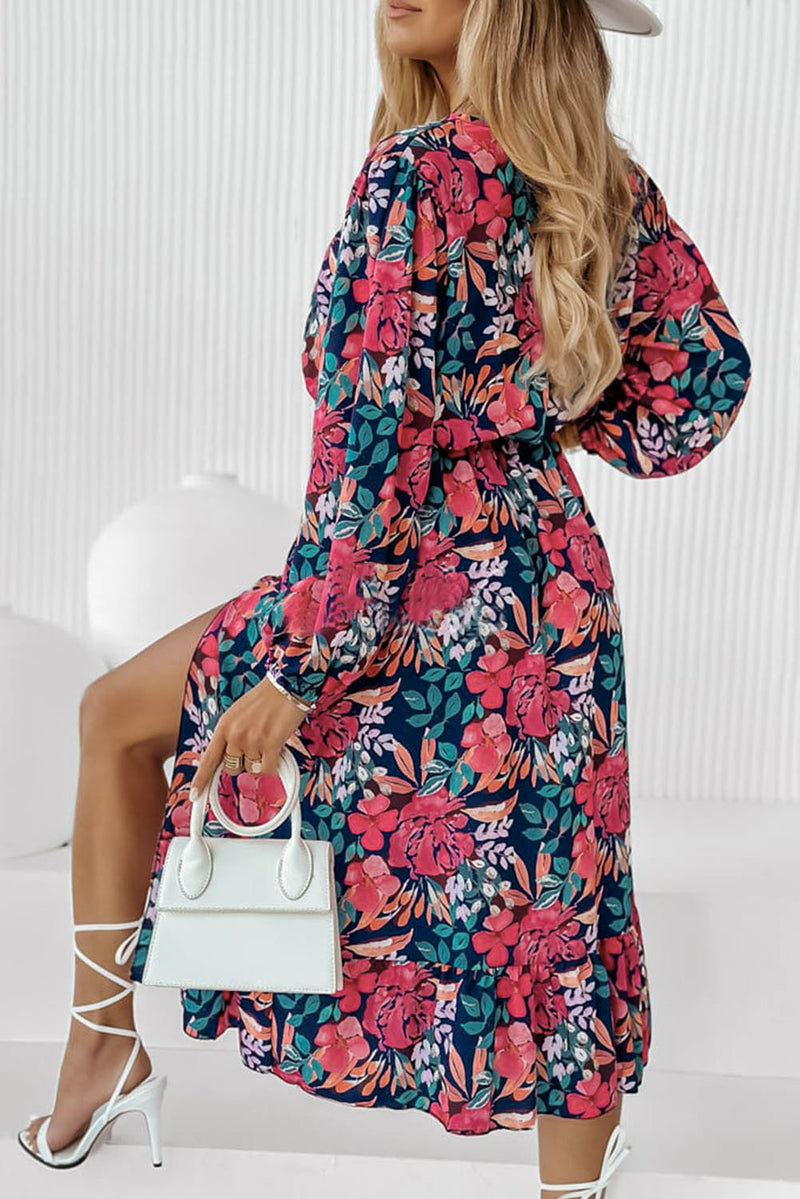 Red V Neck Elastic High Waist Split Floral Dress