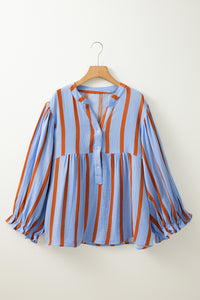 Sky Blue Stripe Crinckled Ruffled Sleeve Button up Loose Shirt