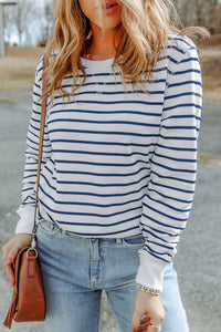 Striped Print Ribbed Trim Long Sleeve Top