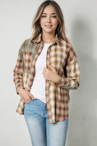 Brown Multi Plaid Patchwork Raw Edge Casual Shirt