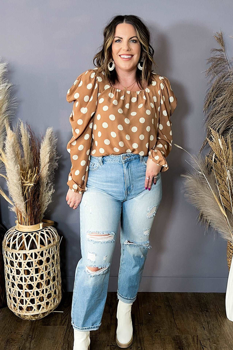 Khaki Plus Size Polka Dot Ruched Neckline Puff Sleeve Blouse