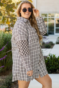 White Stripe Plus Size Plaid Buttoned Raw Hem Tunic Shirt Dress