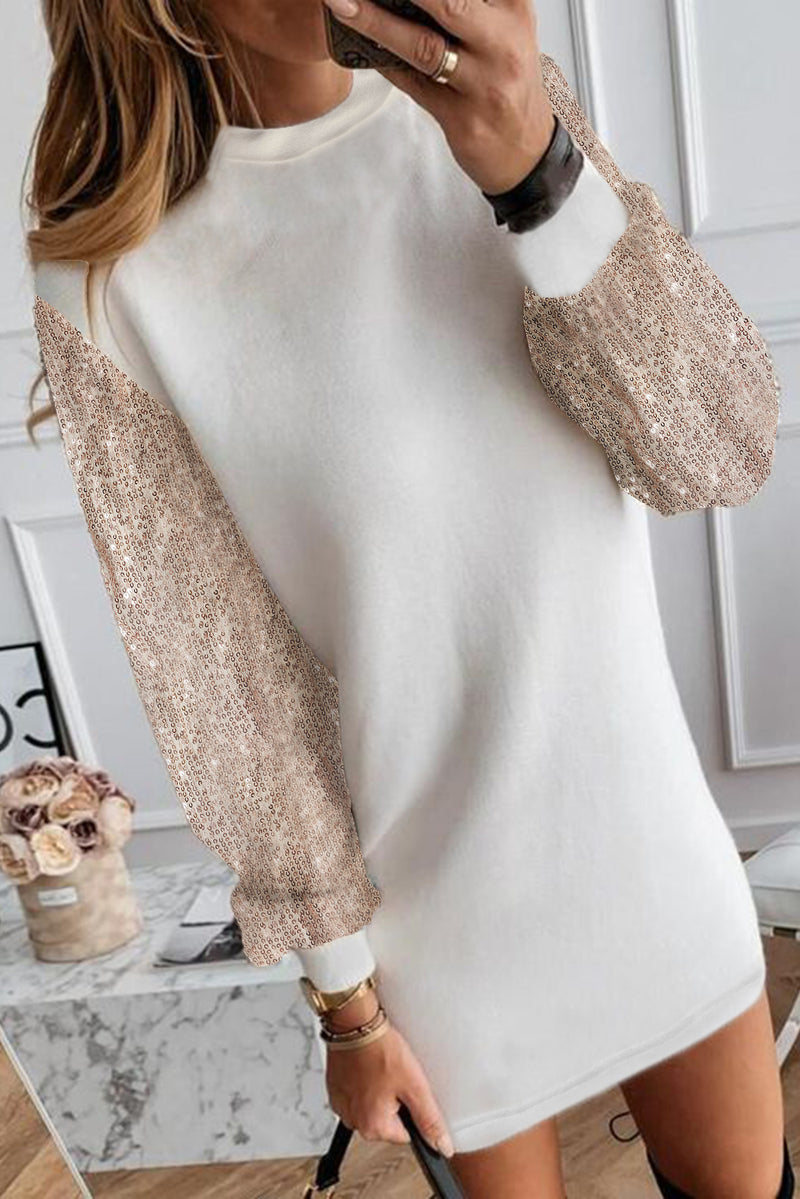 White Sequin Puff Sleeve Shift Mini Dress