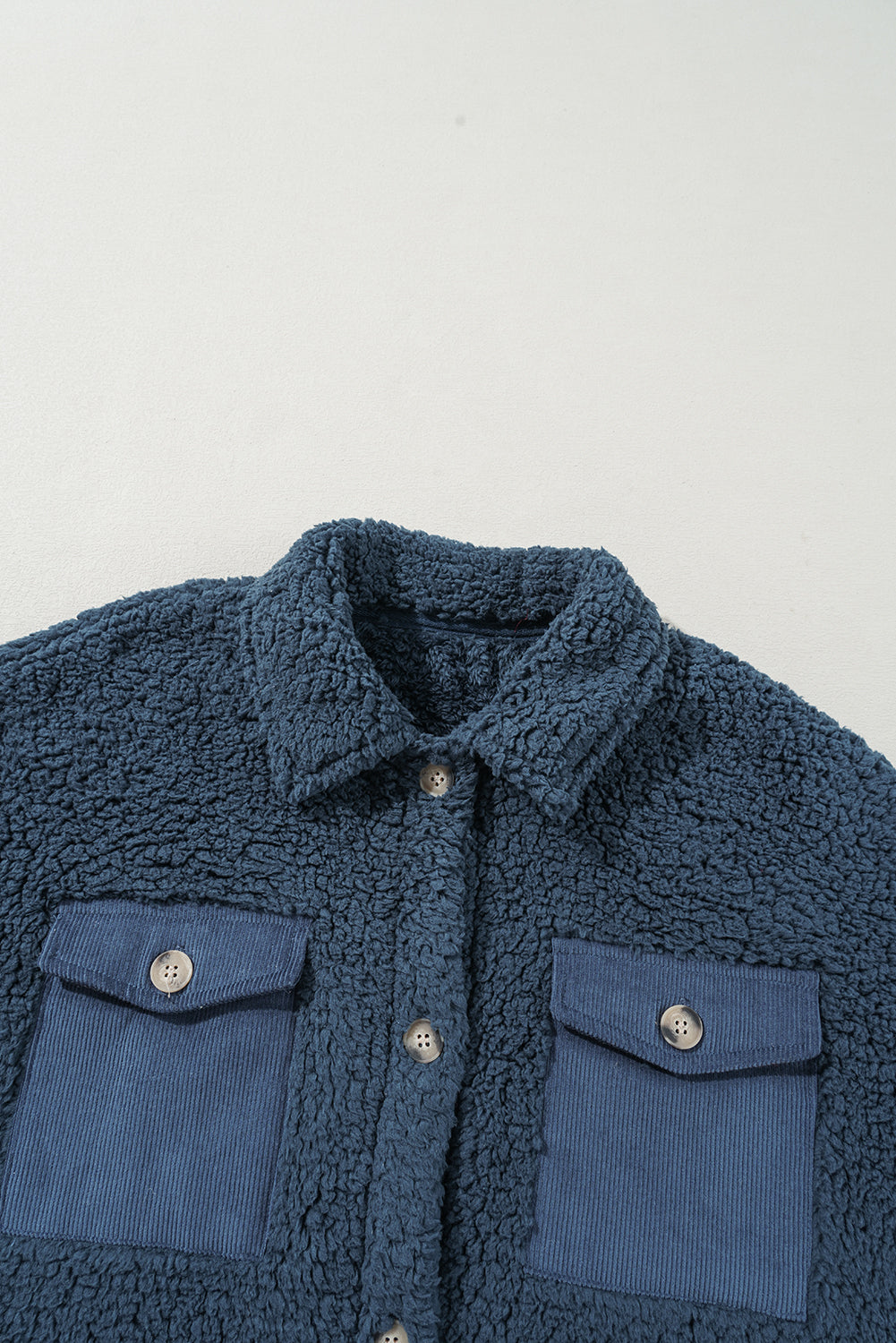 Blue Contrast Flap Pocket Single Breasted Teddy Coat