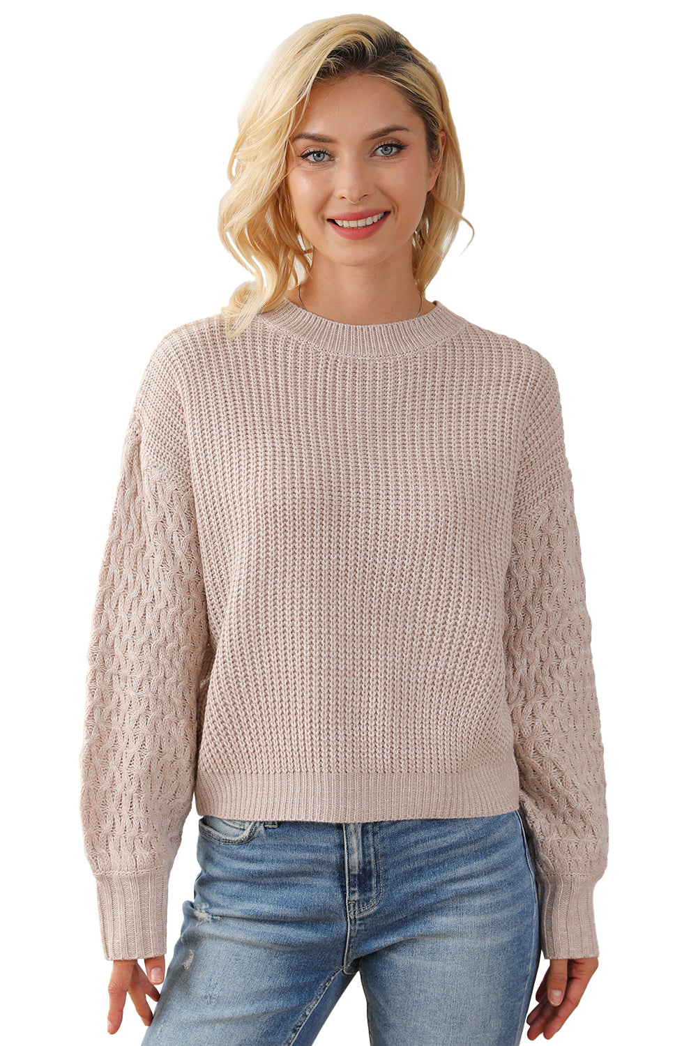 Light Grey Cable Knit Sleeve Drop Shoulder Sweater