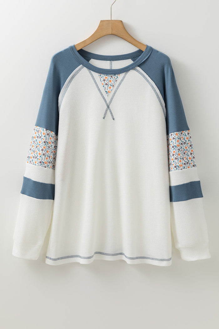 White Floral Patchwork Waffle Knit Raglan Top