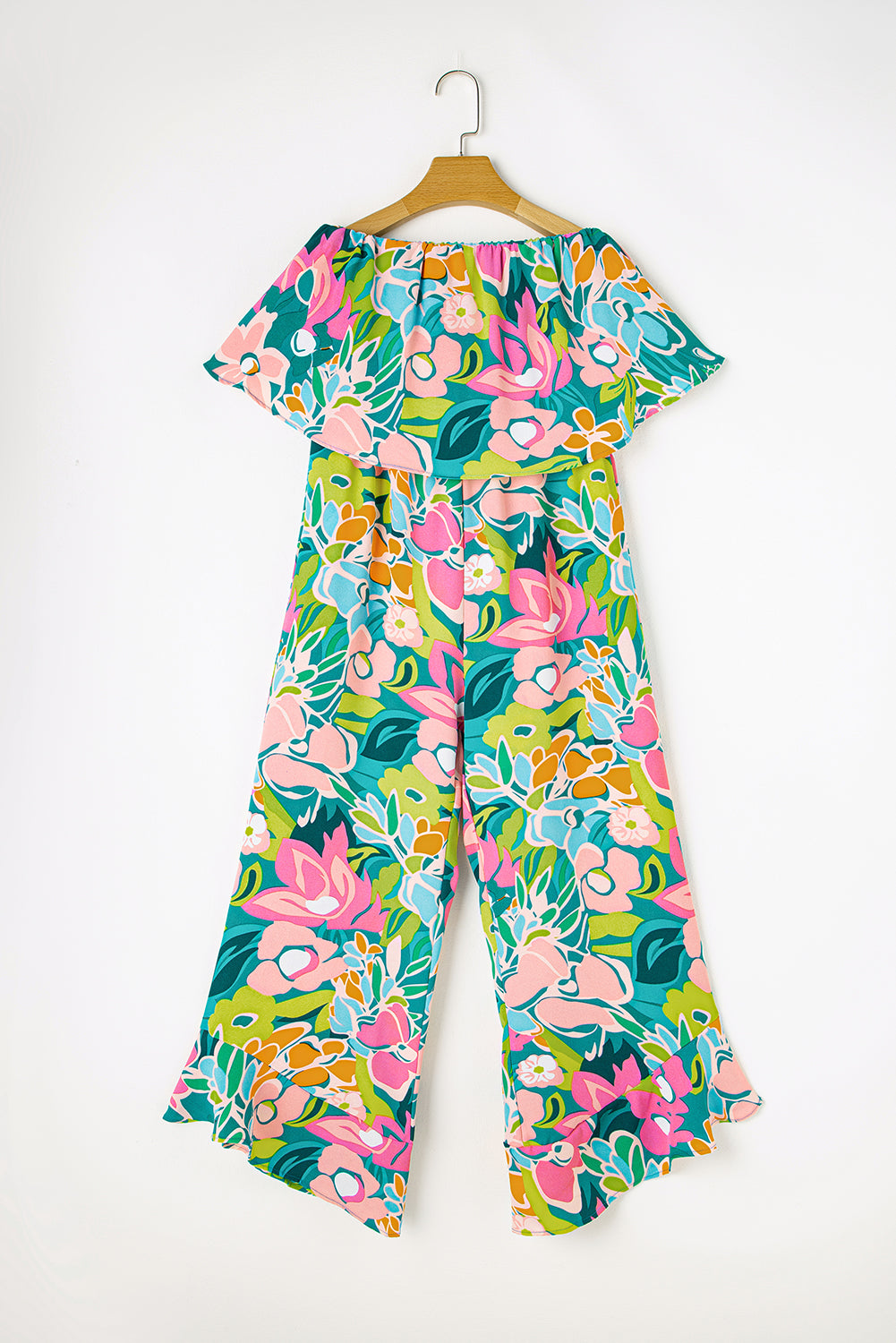 Red Mix Tropical Print Strapless Ruffled Jumpsuit