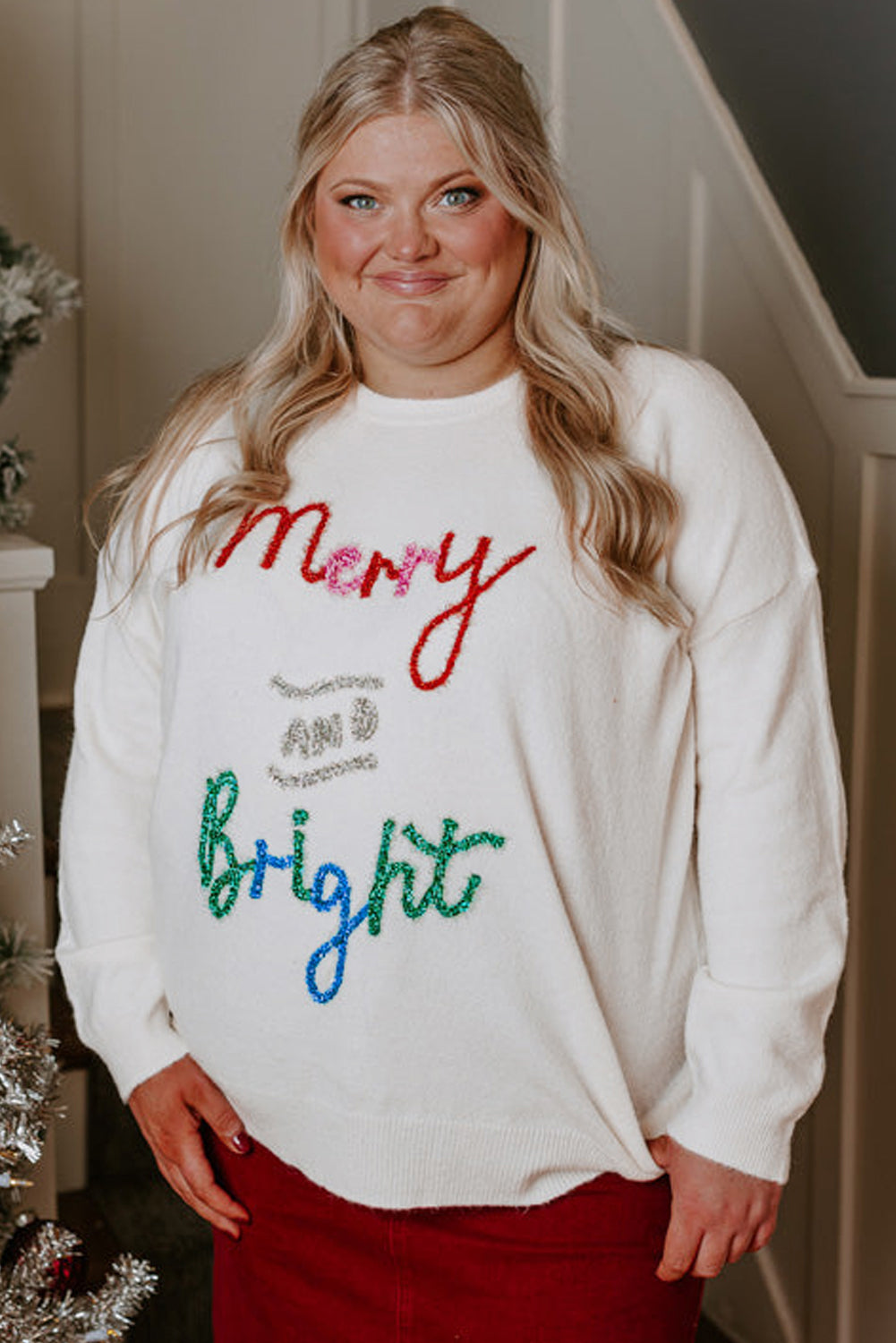 White Tinsel Merry AND Bright Pattern Plus Size Christmas Sweater