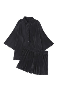 Rose Pleated Buckle Belt Drop Shoulder Shirt Mini Dress