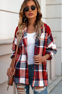 Orange Hooded Plaid Button Front Shacket