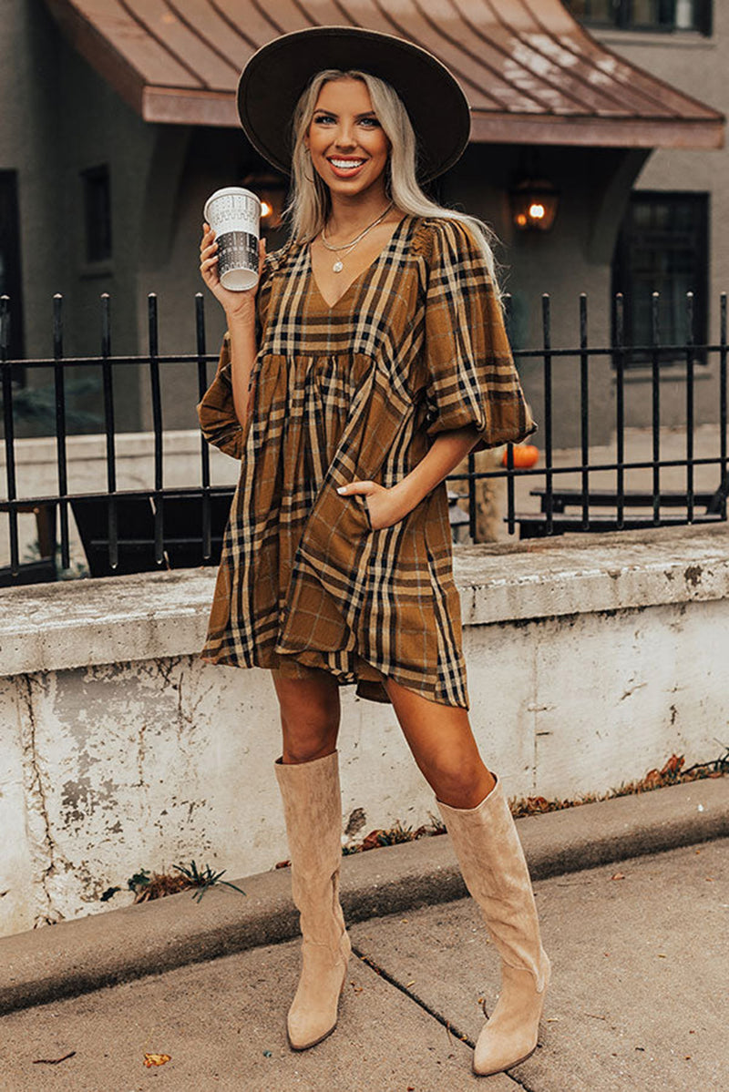 Brown Printed Plaid V Neck Plus Size Babydoll Dress