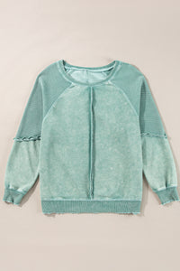 Mineral Blue Solid Waffle Knit Patchwork Raglan Sleeve Sweatshirt