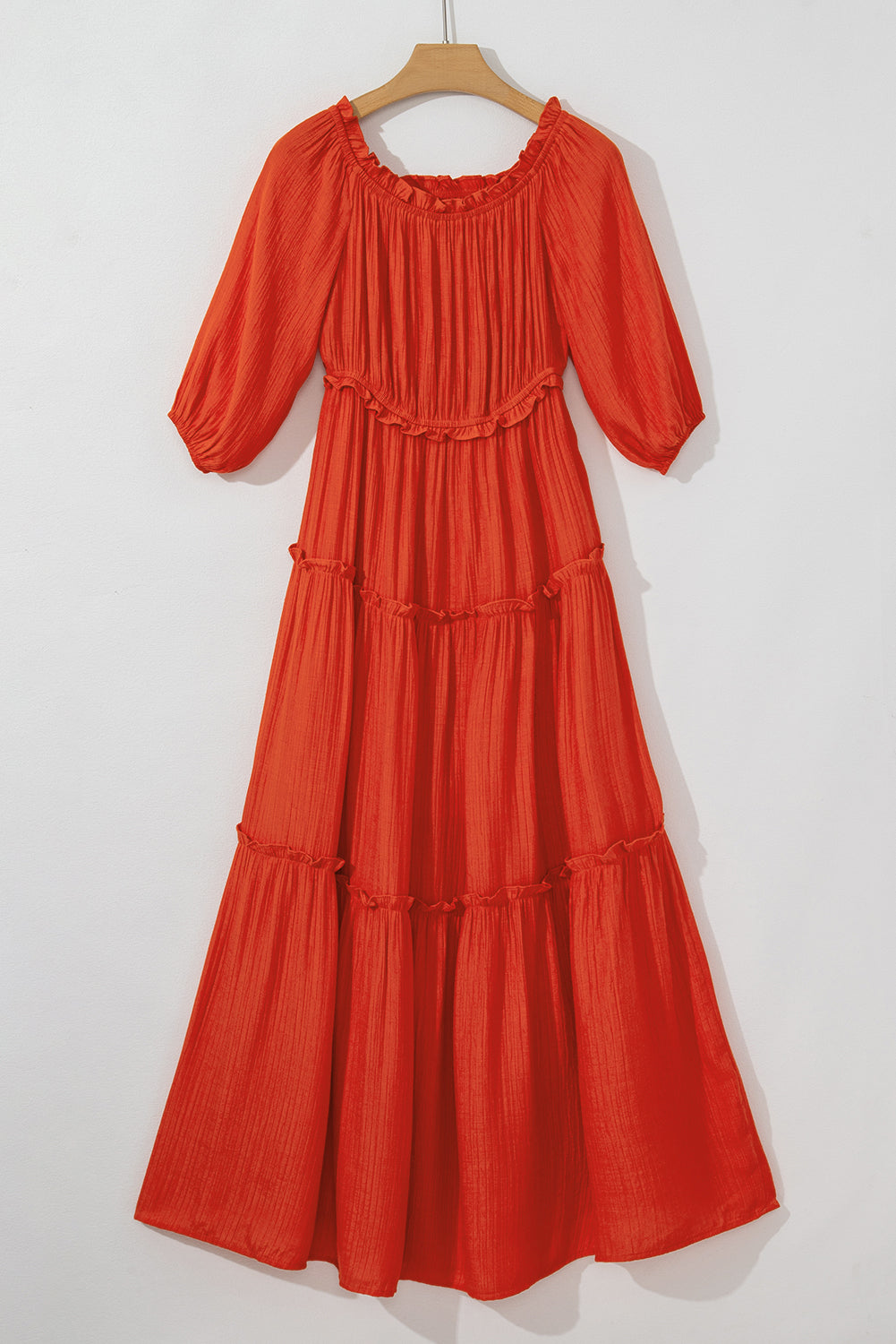 Orange Off Shoulder Balloon Sleeve Cutout Ruffled Maxi Dress