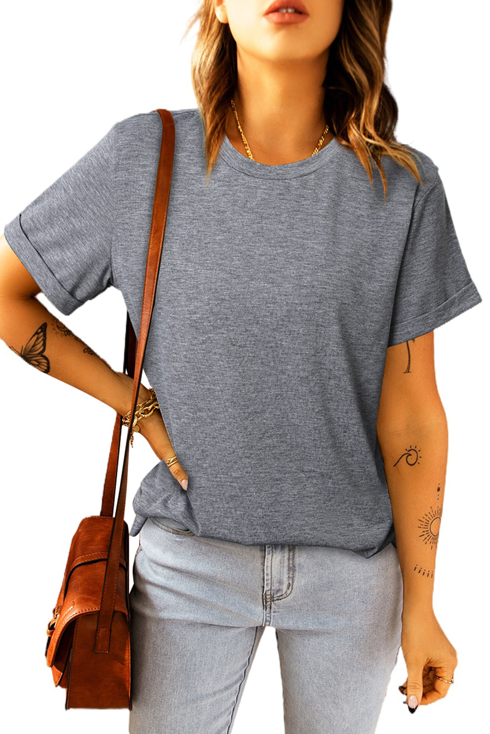 Black Round Neck Rolled Sleeve Plus Size T-shirt