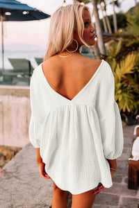 White Textured V Neck Bracelet Sleeve Babydoll Blouse