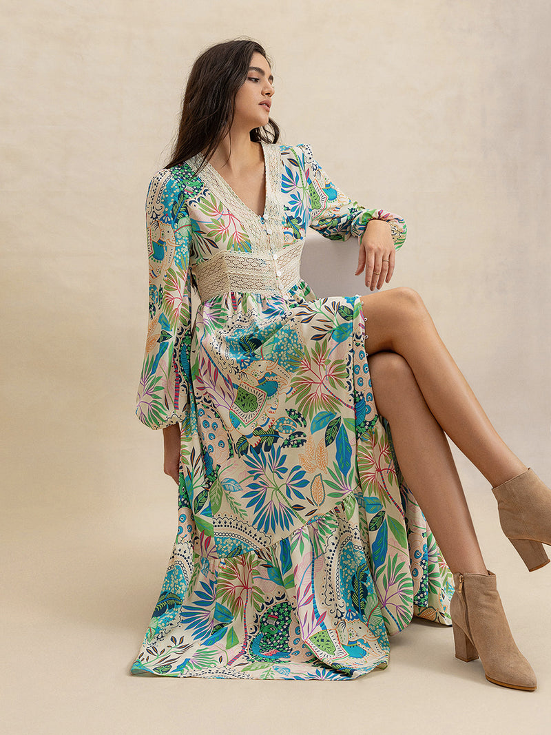 Slit Printed V-Neck Long Sleeve Midi Dress