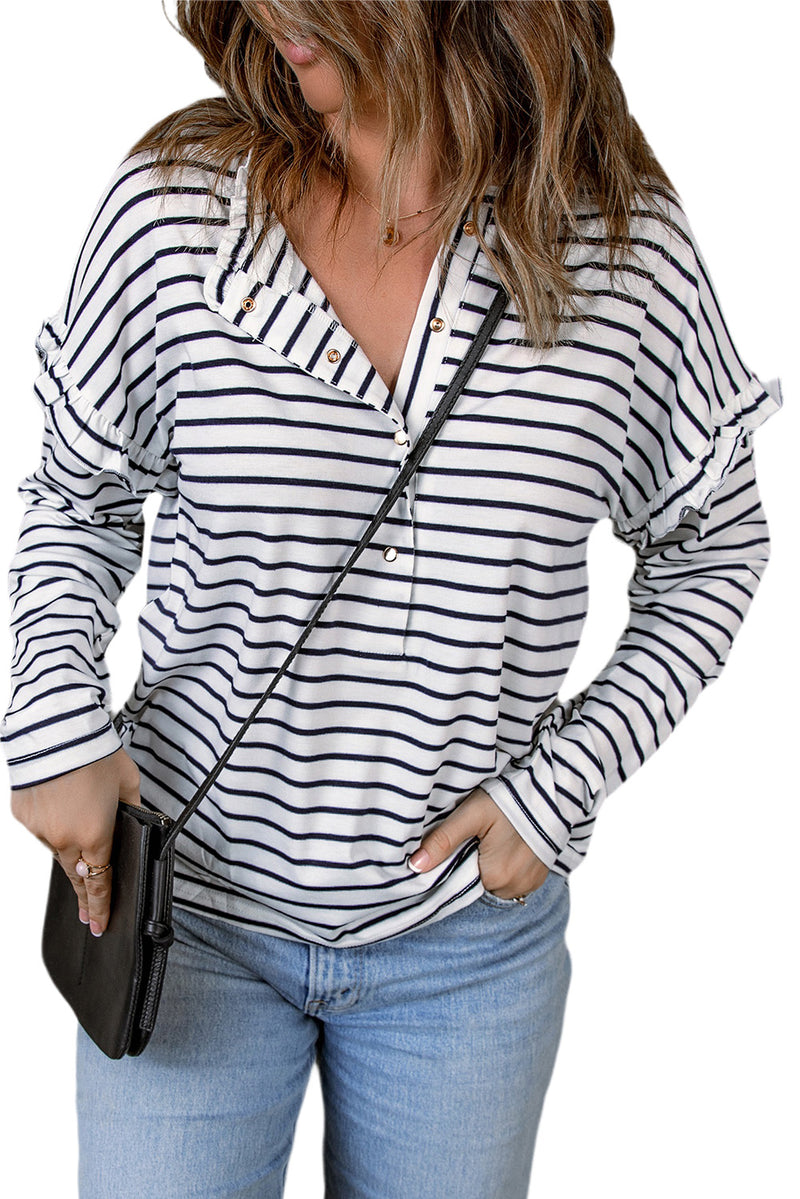 Red Striped Print Ruffled Buttoned Long Sleeve Top