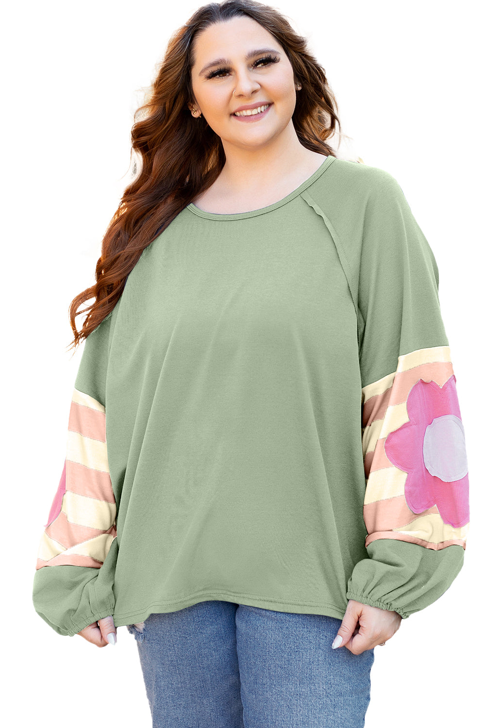 Smoke Green Flower Patchwork Raglan Sleeve Exposed Seam Oversized Top