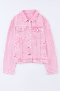 Pink Acid Wash Button Flap Pocket Denim Jacket