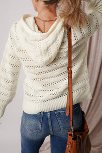 White Pointelle Knit Raglan Sleeve Hooded Sweater