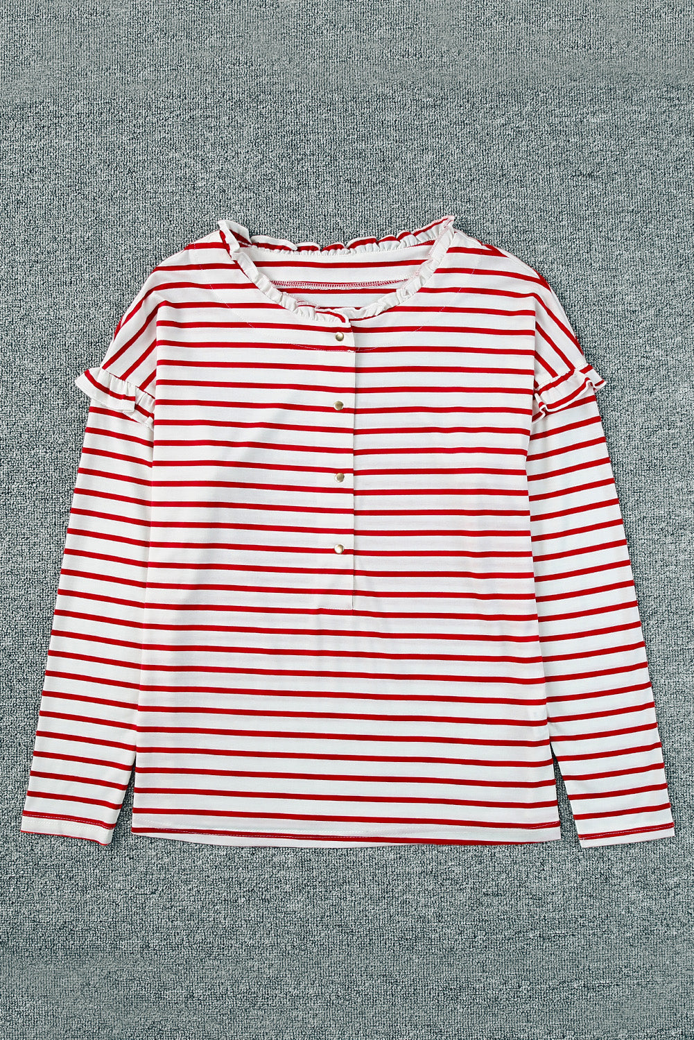 Red Striped Print Ruffled Buttoned Long Sleeve Top