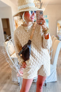 Beige Textured Long Sleeve Top Shorts Outfit