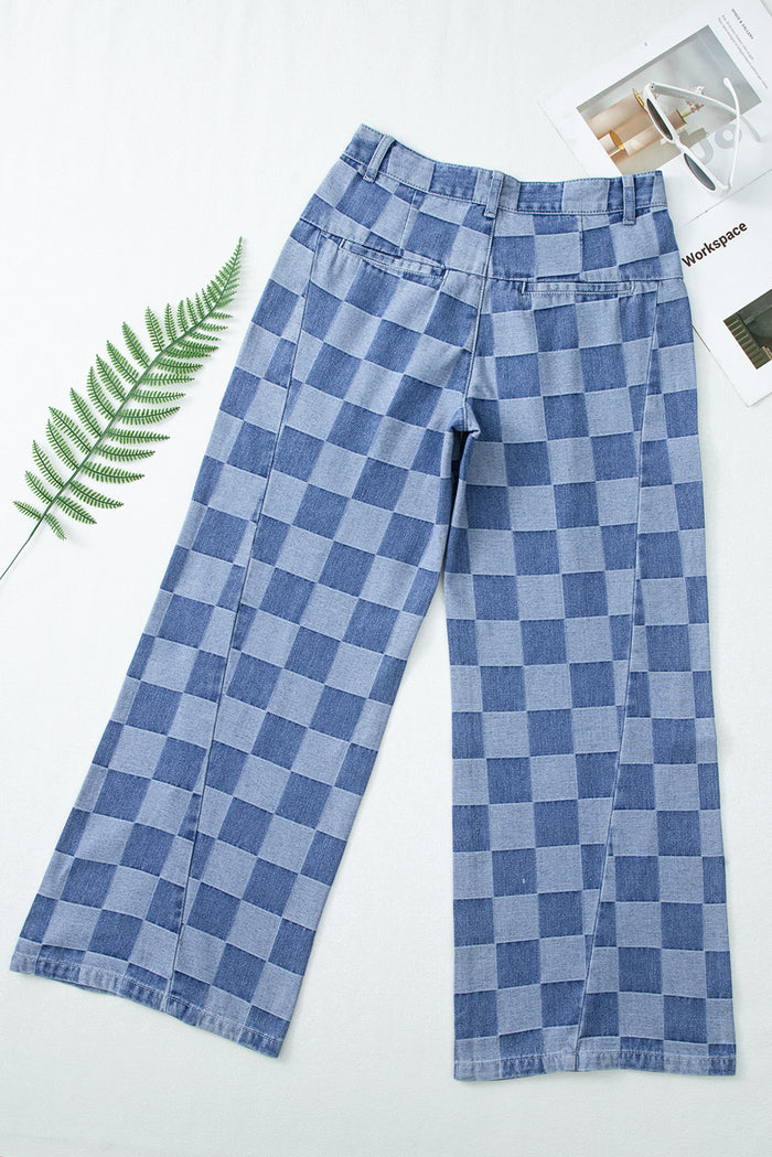 Dusk Blue Checkered Denim Wide Leg Jeans