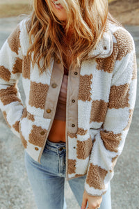 Brown Checked Snap Button Sherpa Jacket